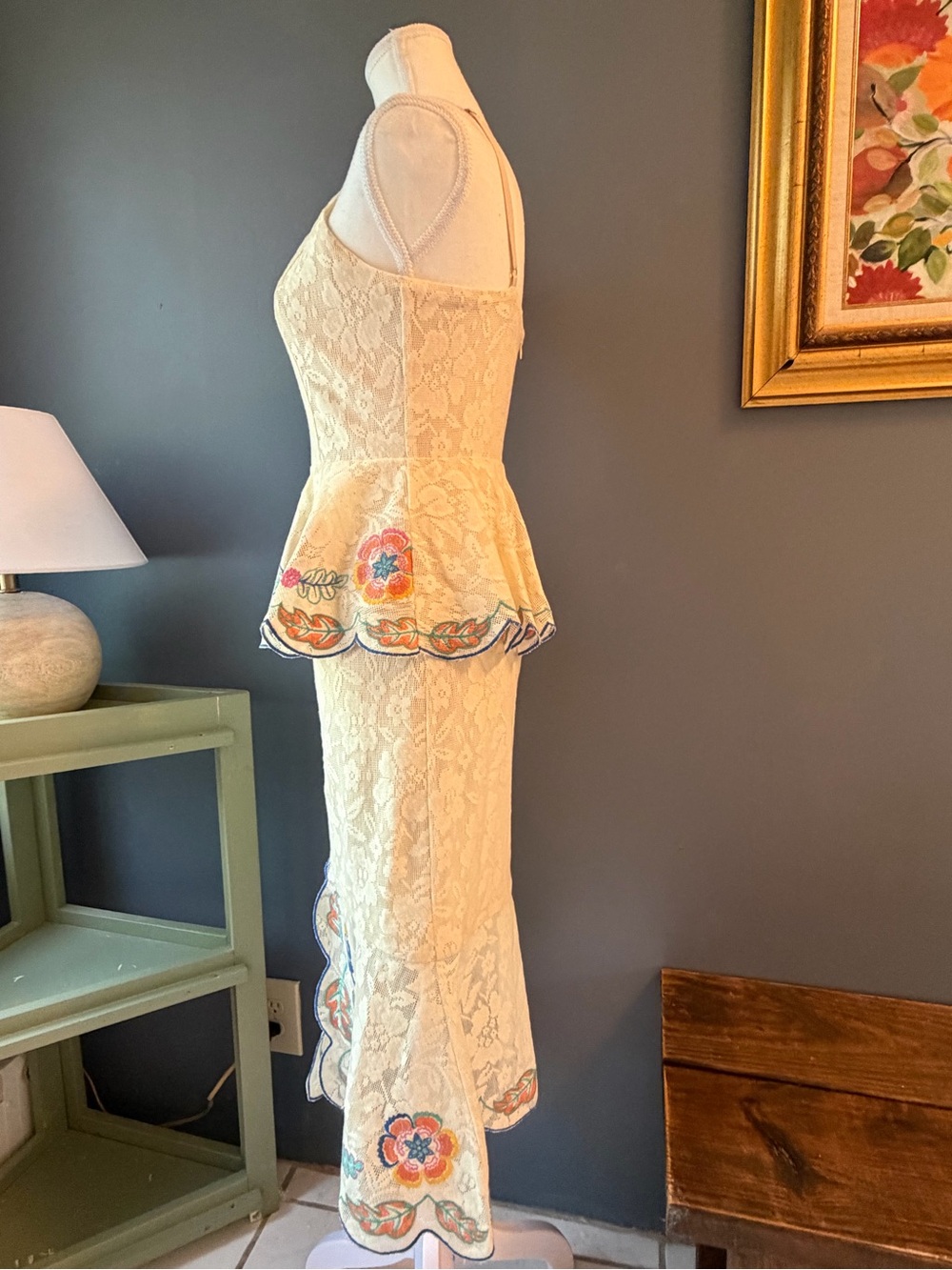 Embroidered Ivory Lace Peplum Midi Dress - Picture 3 of 8